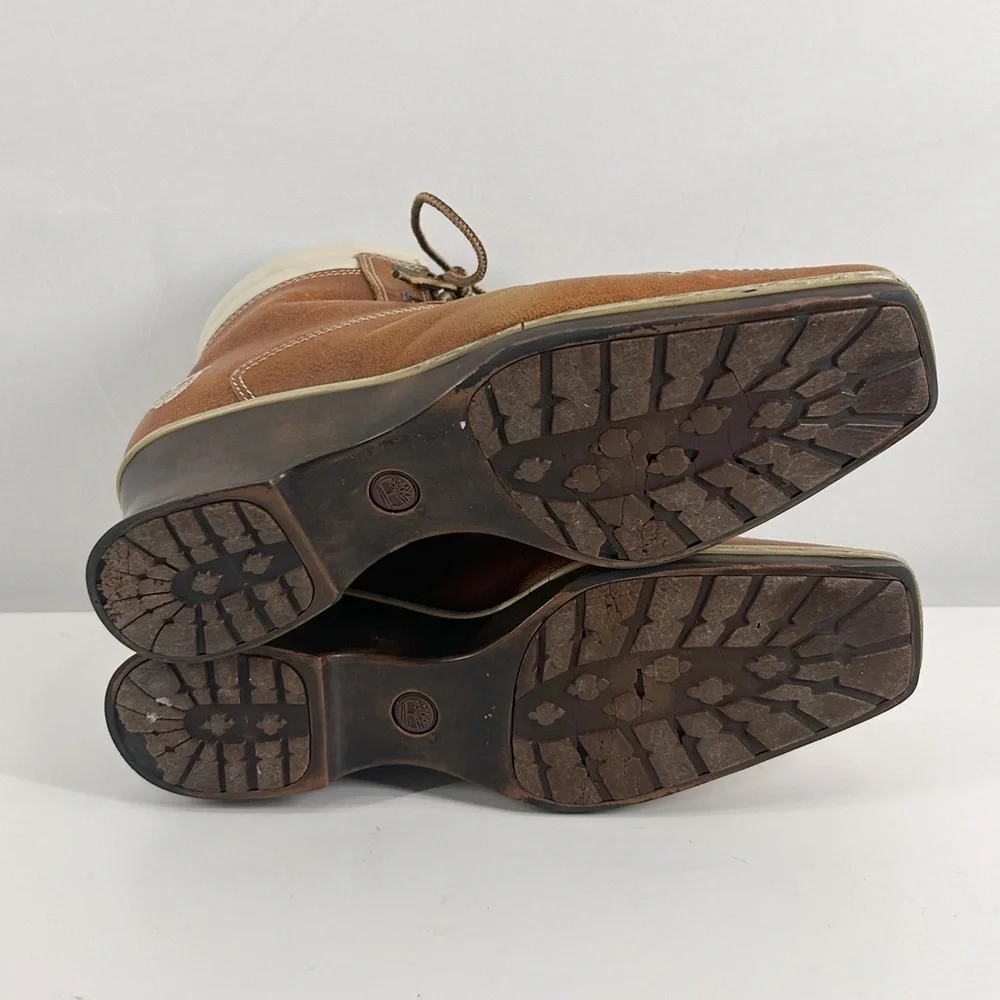 Timberland Brown Leather Wedge Lace Up Square Toe Ankle Booties Size 7.5
